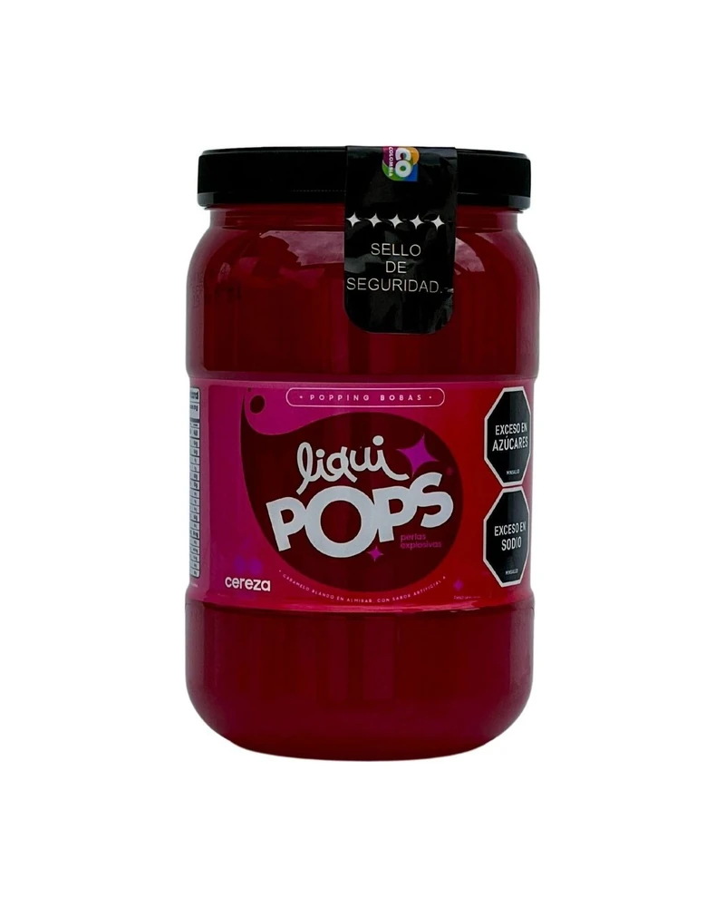 Tarro LiquiPops Cereza 1150g — perlas explosivas en almíbar, fondo blanco